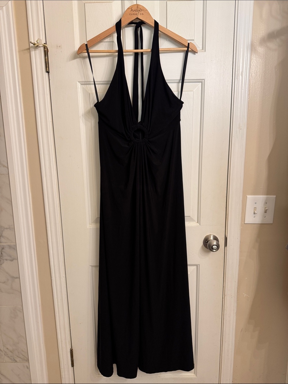 Elegant Black Halter Maxi Dress with Front Ring Detail
